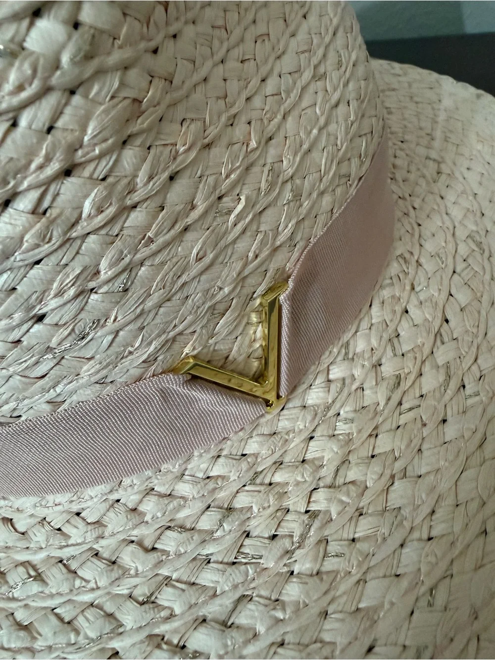 Light Pink and Metallic Straw Panama Hat with Pink Band and Gold V Accent